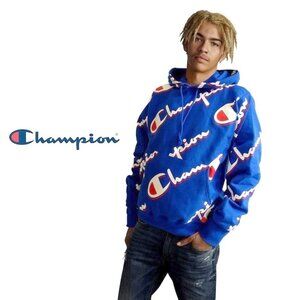 NWT Champion Reverse Weave Pullover Hoodie All Over Logo / Blue